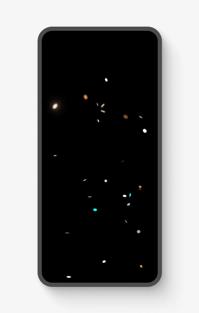 Dark mobile screen with scattered glowing confetti-like particles