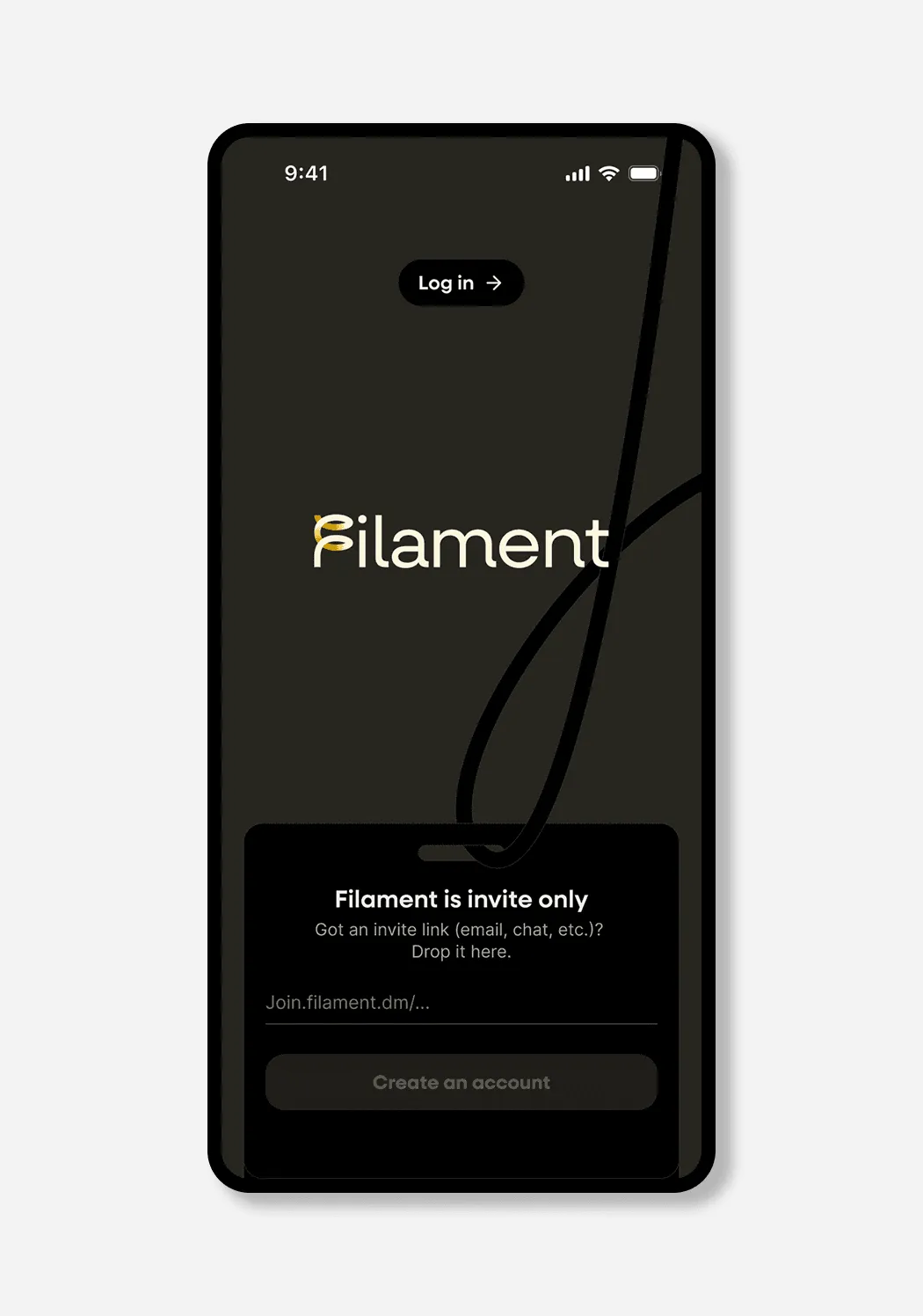 Filament login screen with the Filament wordmark above an invite-only account creation form