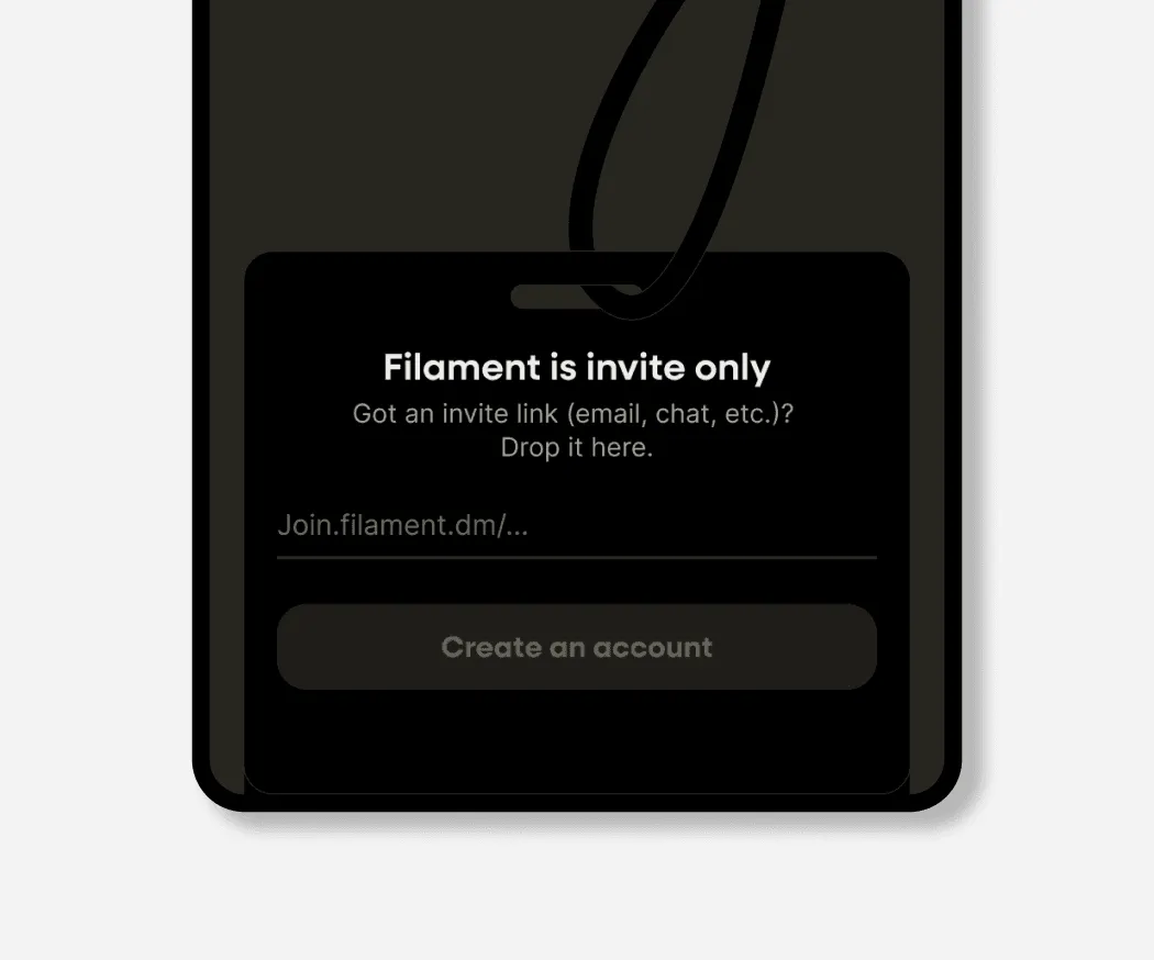 Filament invite-only signup screen with a field for an invite link and a disabled create account button