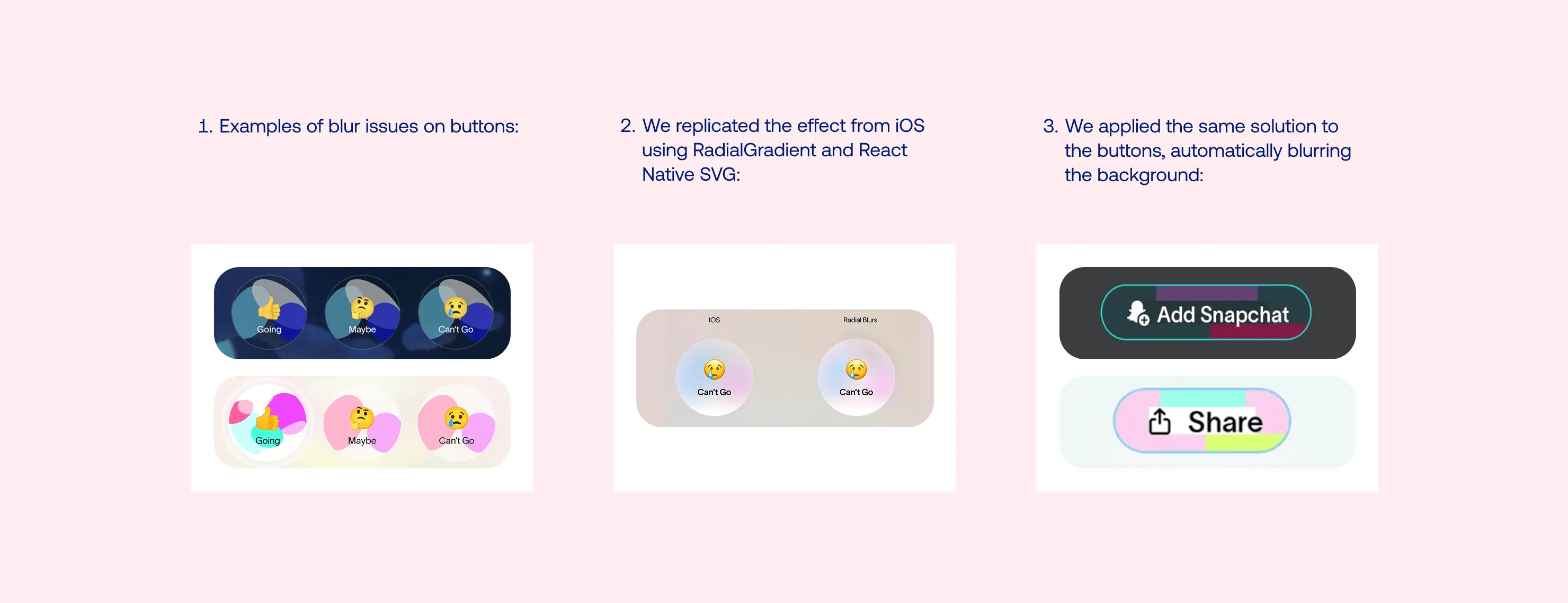 Three-panel graphic showing blurred reaction buttons, an iOS-style radial blur recreation, and a blurred share button background