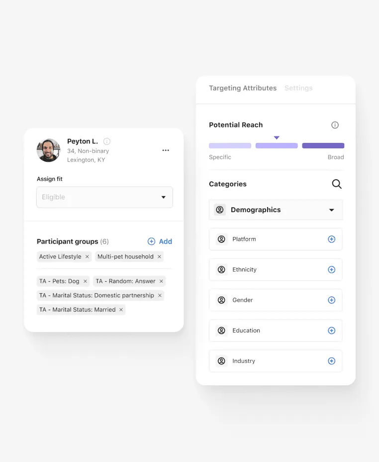 Two dscout interface panels for assigning participant groups and setting targeting attributes