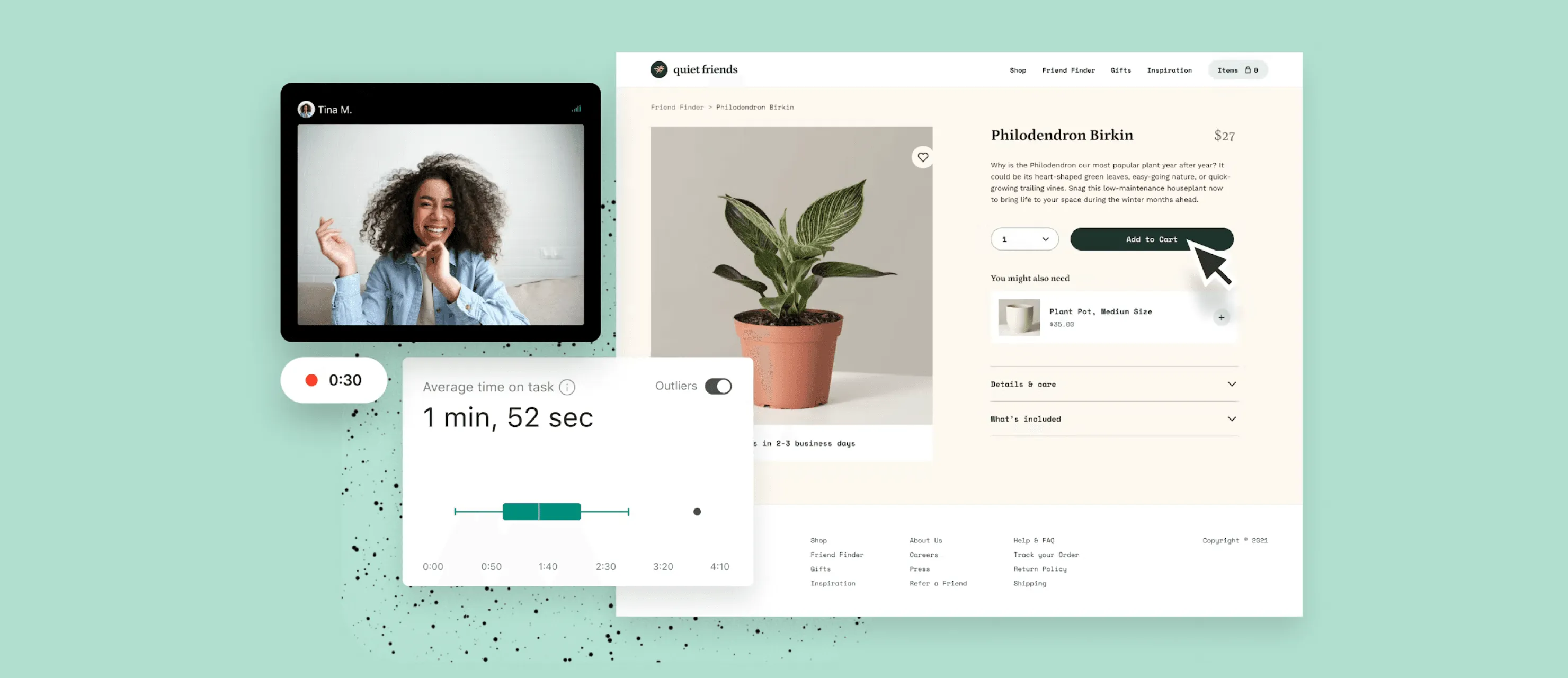 Video interview screen next to an ecommerce product page and an average time on task analytics card