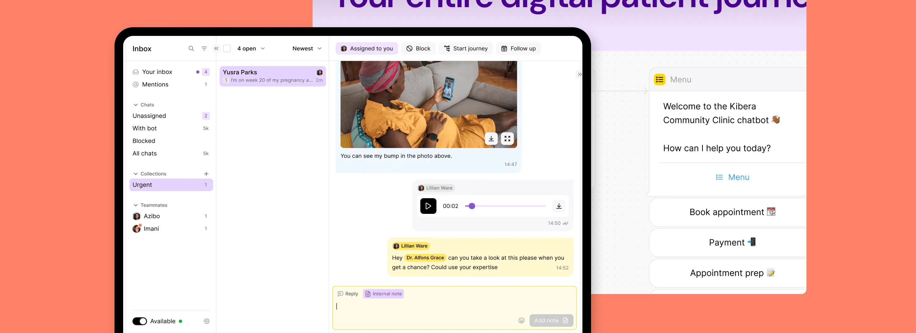 Composite healthcare messaging interface with an inbox, follow-up conversation, and clinic chatbot menu