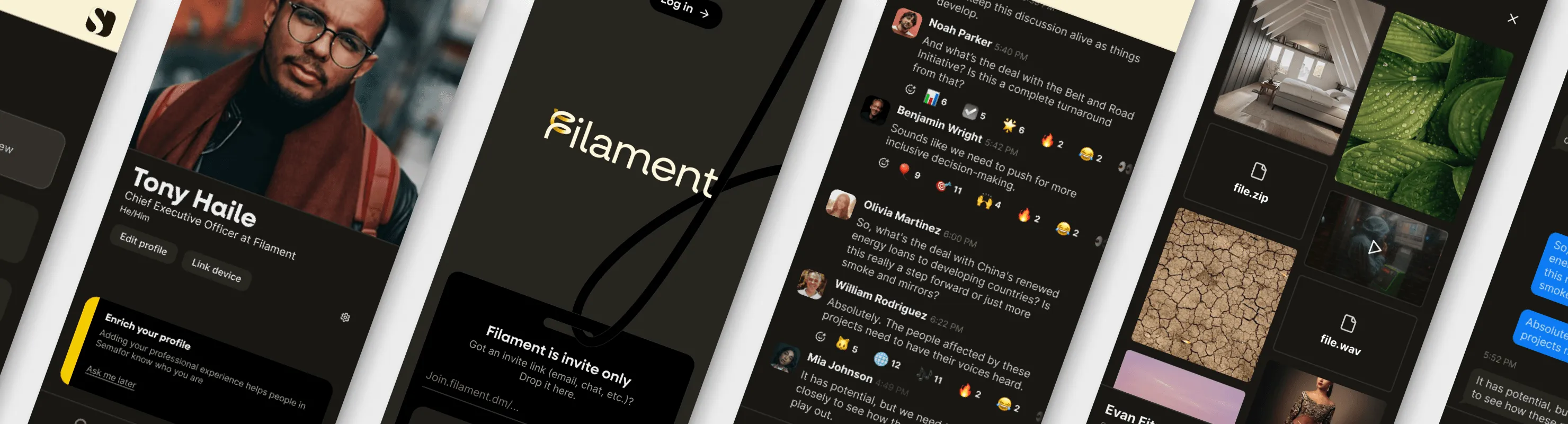 Collage of Filament app screens showing a profile page, an invite-only login screen, a group chat, media attachments, and direct messages