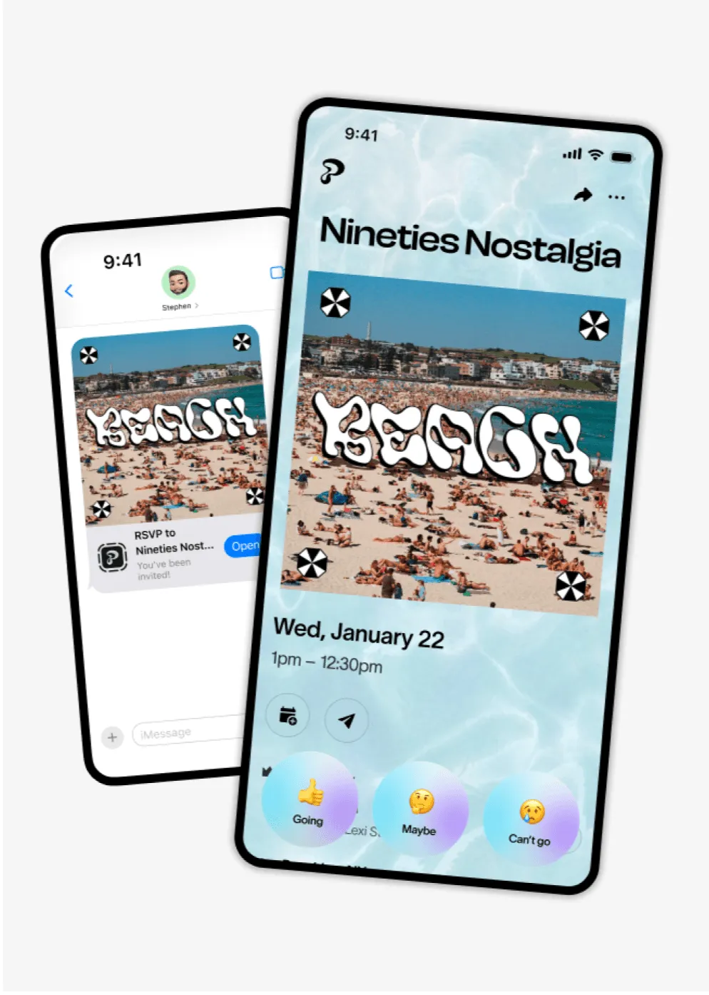 Partiful event invite mockup showing a beach-themed "Nineties Nostalgia" event with RSVP options and an invitation message preview