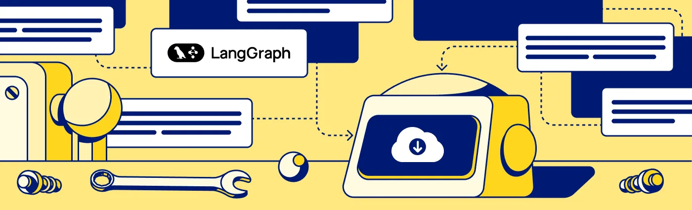 LangGraph RAG cover with a robot, cloud download, and tool icons