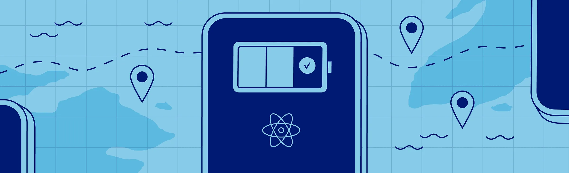 Mobile app illustration on a map background with route lines, location pins, and a check mark