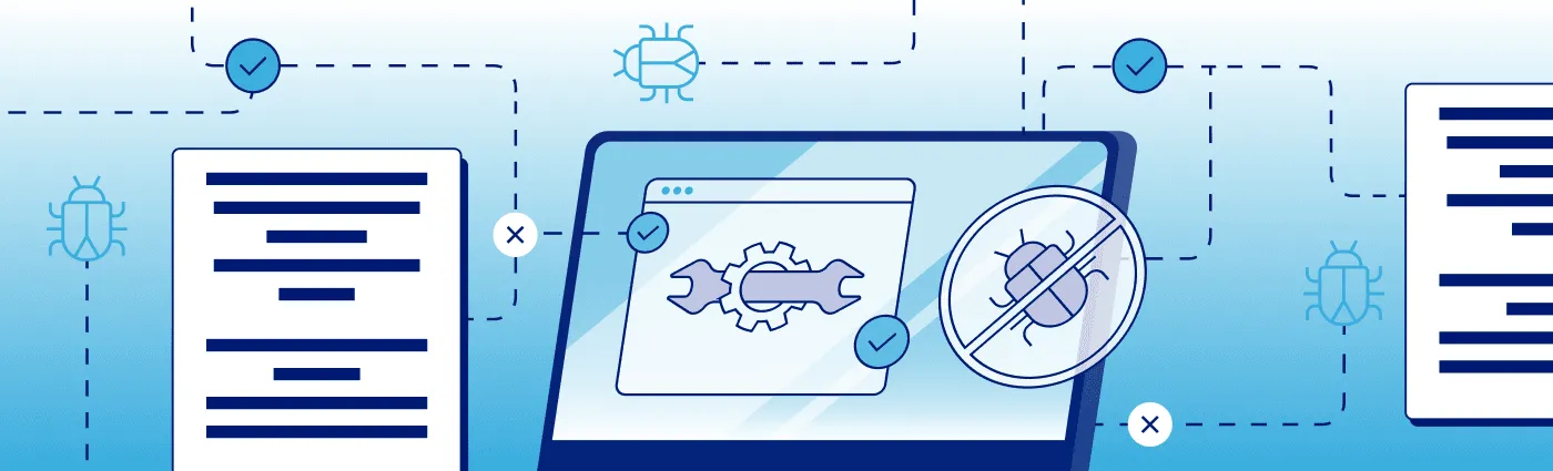 Laptop debugging illustration with bug icons, check marks, and a blocked bug symbol