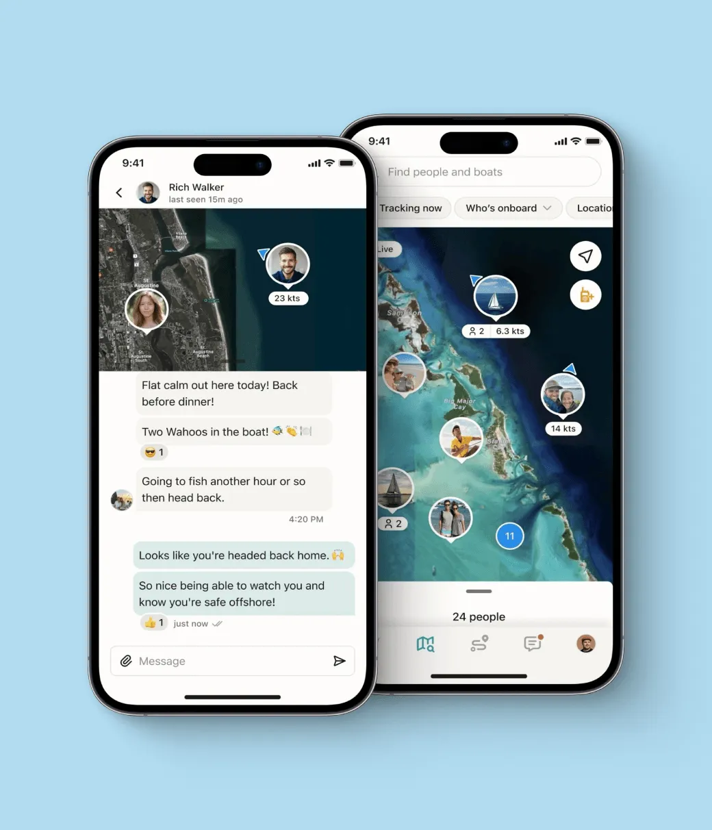 SeaPeople app screens showing a chat conversation alongside a live boating map