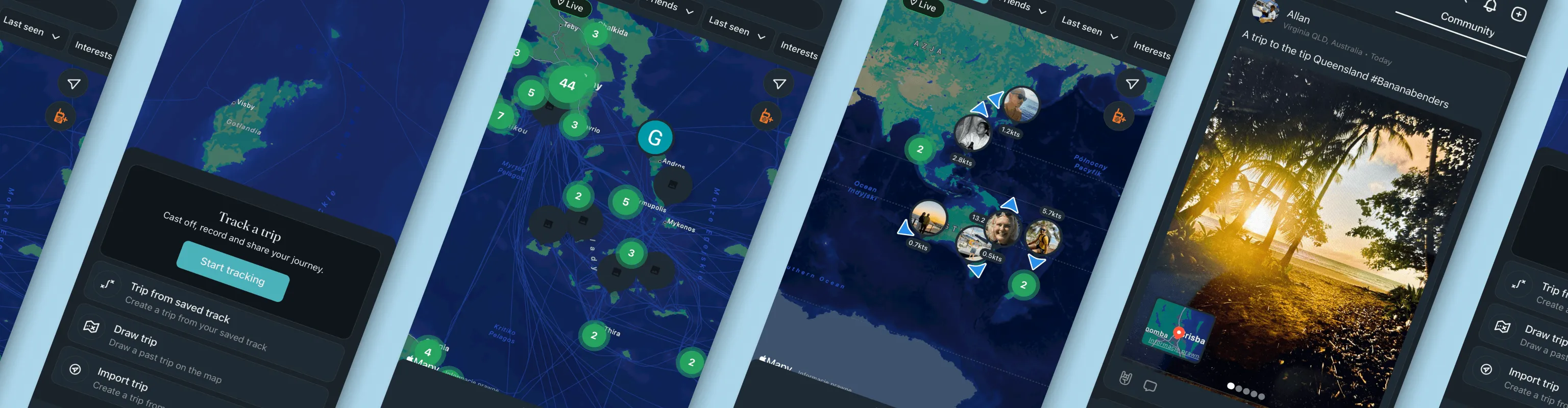 SeaPeople app montage showing trip planning, live map tracking, and community feed screens