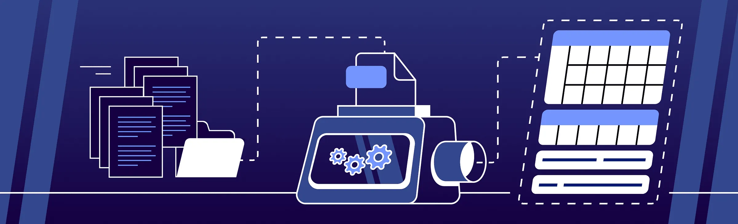Documents feeding into a machine with gears and producing structured specification tables
