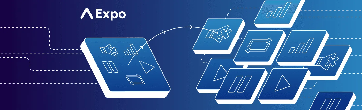 Expo video pipeline illustration with media cards flowing between screens
